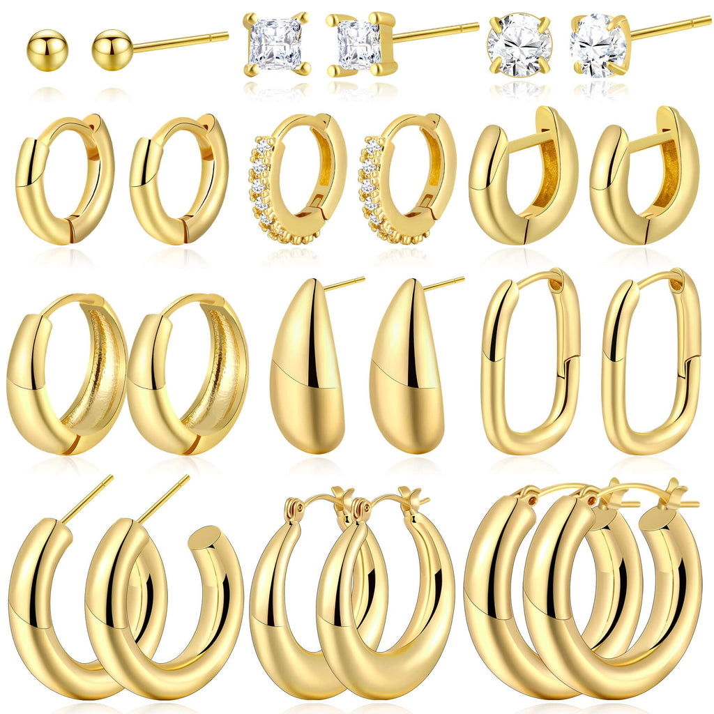 12 Pairs Chunky 14K Gold Plated Hoop Earrings Hypoallergenic for Women