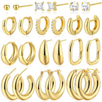 12 Pairs Chunky 14K Gold Plated Hoop Earrings Hypoallergenic for Women