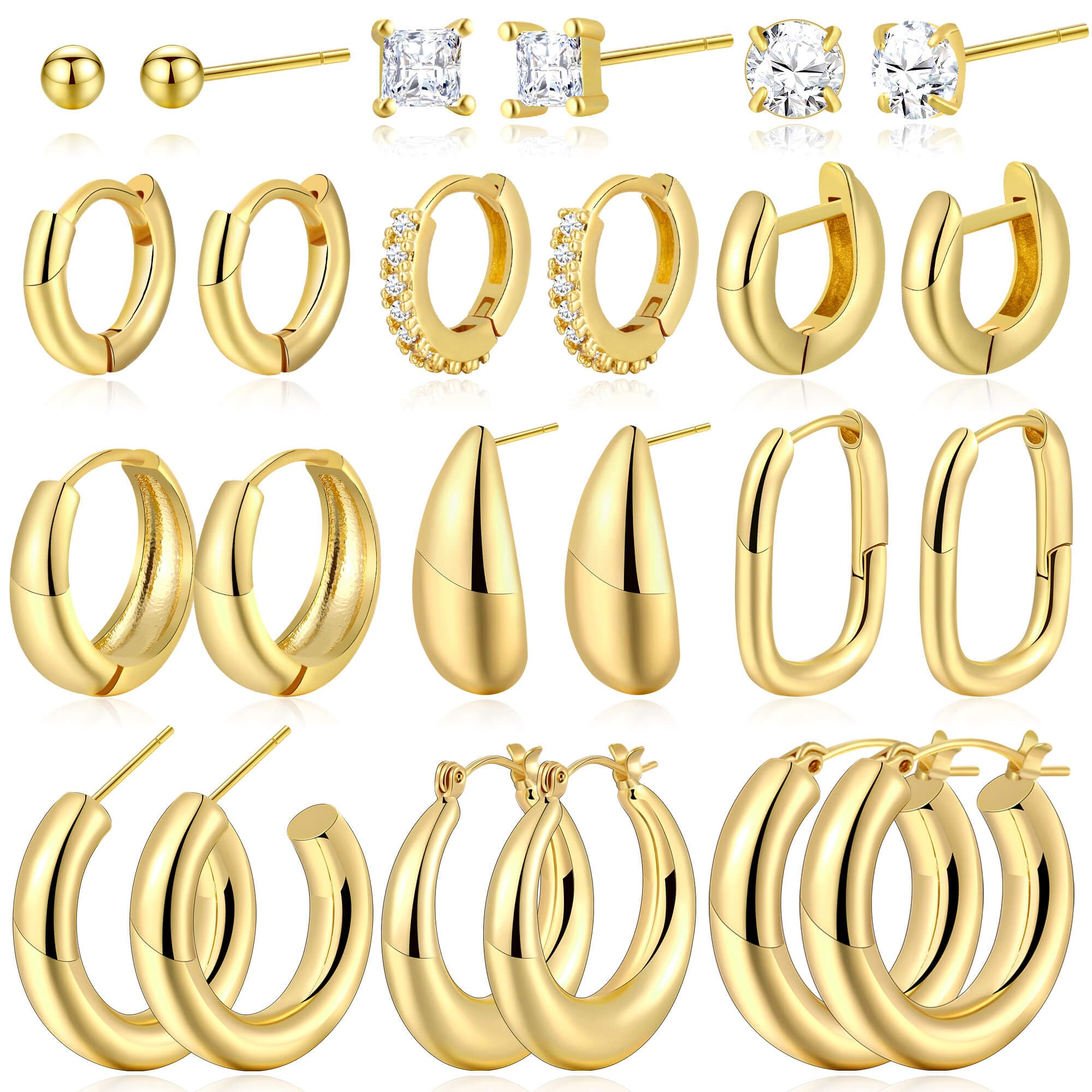 12 Pairs Chunky 14K Gold Plated Hoop Earrings Hypoallergenic for Women