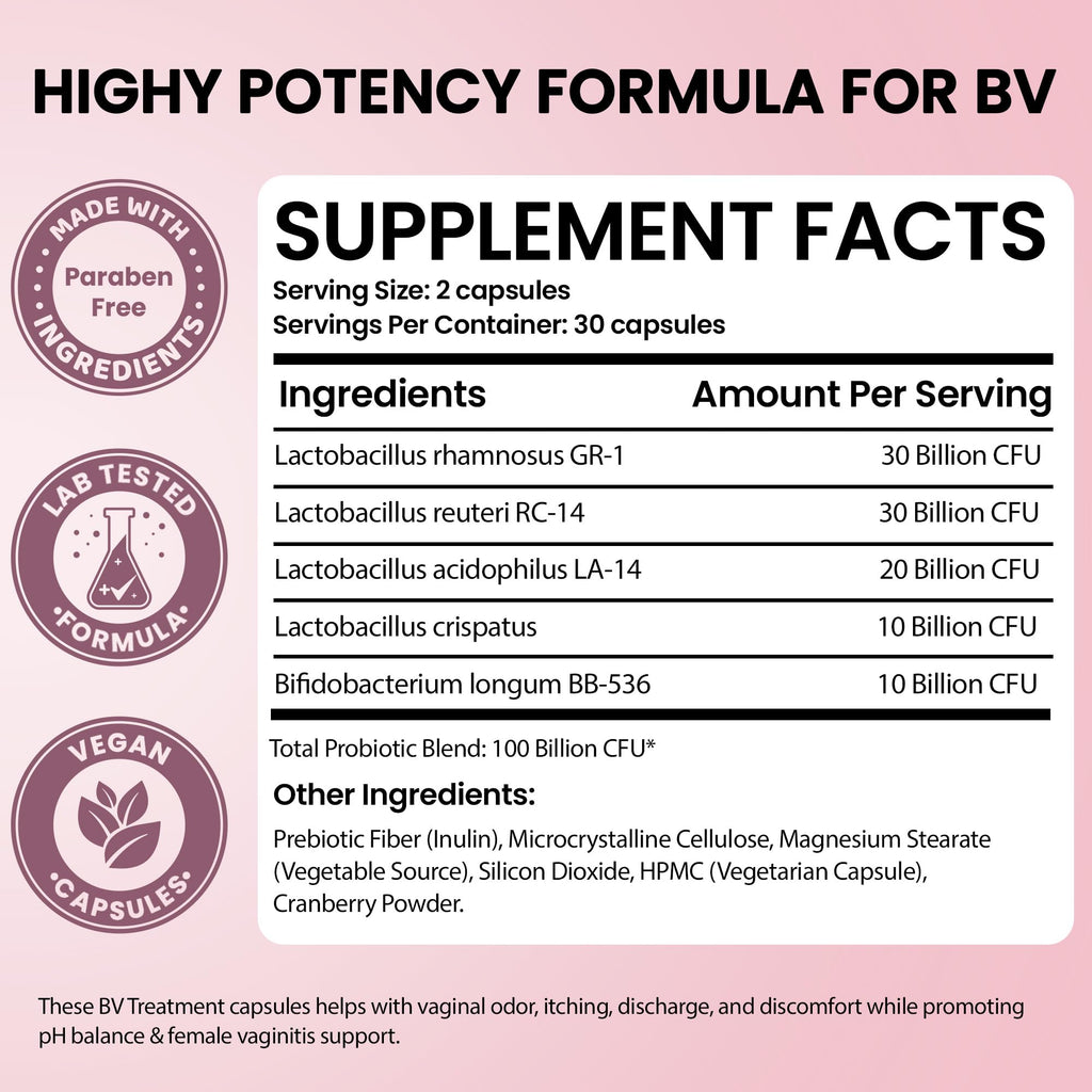 Bacterial Vaginosis Symptoms Relief for Women | Natural Homeopathic Supplement for Odor, Itching, Discharge, BV, and Vaginal Microbiota Imbalance | 60 Capsules for pH Balance and Daily Support