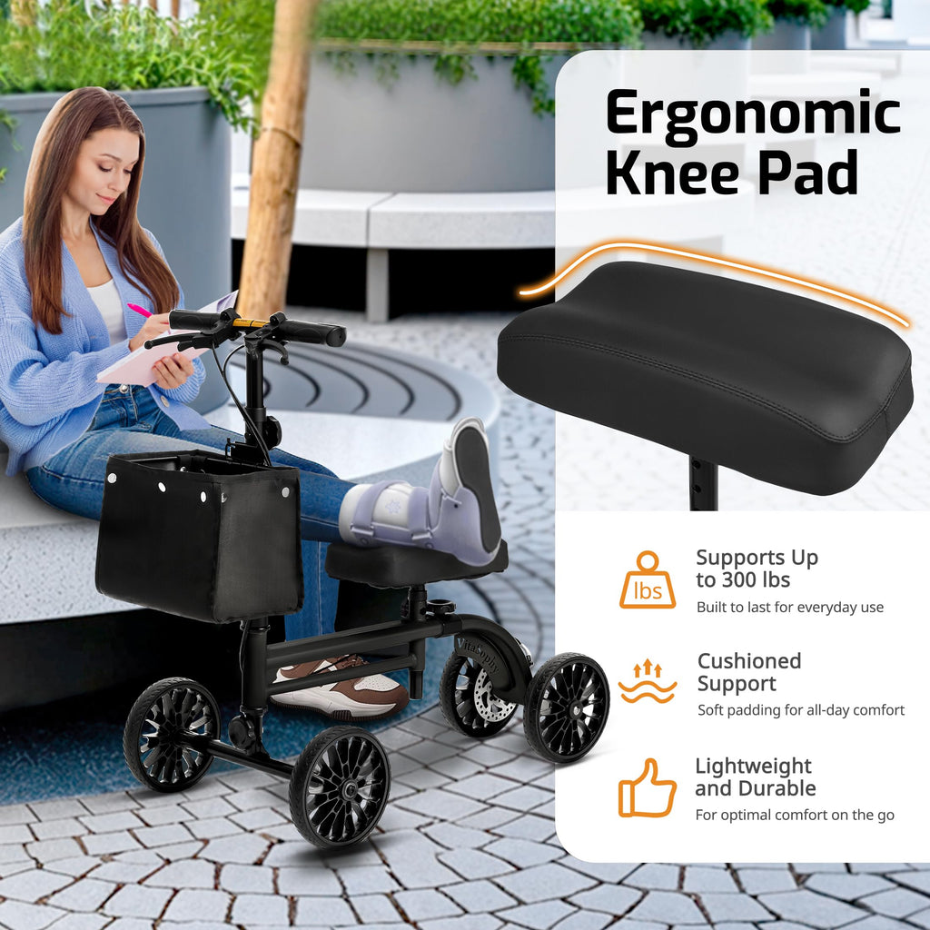 VitaSophy Knee Scooter with Disc Brake, Steerable Knee Walker for Adults,Foldable Rover Scooter forBroken Foot Injured Leg Crutch,Black