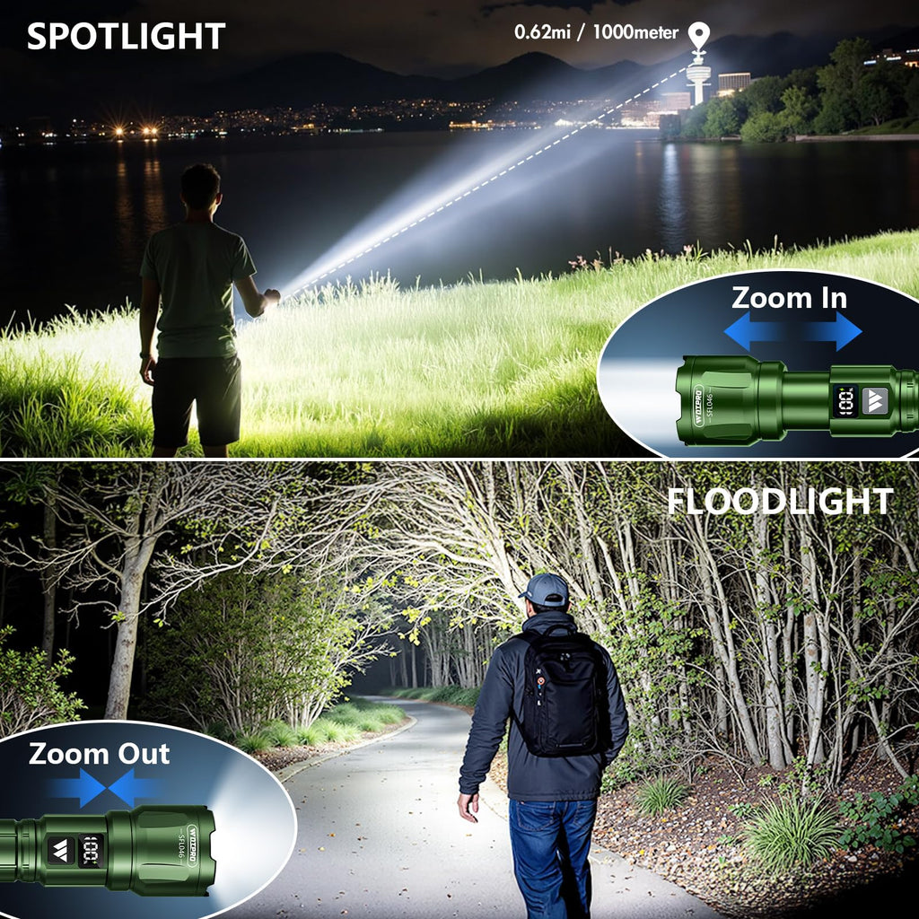 WdtPro LED Rechargeable Flashlight 2 Pack, 3 Modes Super Bright High Lumens Flashlights, Zoomable Tactical Flash Light with LCD Display, IP65 Waterproof Flashlights for Home Emergency Camping - Green