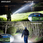 WdtPro LED Rechargeable Flashlight 2 Pack, 3 Modes Super Bright High Lumens Flashlights, Zoomable Tactical Flash Light with LCD Display, IP65 Waterproof Flashlights for Home Emergency Camping - Green