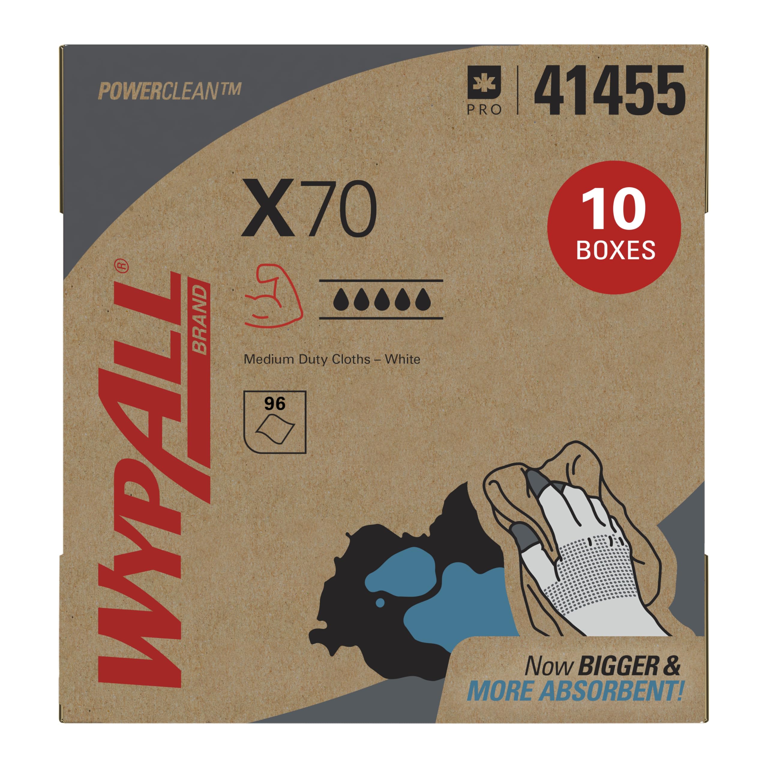 WypAll PowerClean X70 Medium Duty Cloths, 10 x 96 Towels (41455)