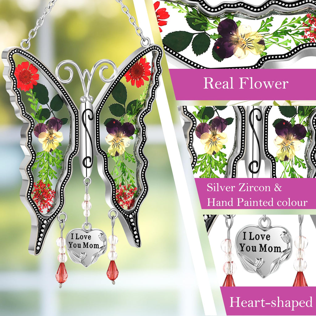 KY&BOSAM Mom Gift Butterfly Glass Pressed Flowers Suncatcher Window Hanging