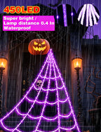 LCHUANG Spider Webs Halloween Decor Lights - 450 LEDs Outdoor Halloween String Lights with Light Up Spider,8 Modes Remote Control 16.4Ft Spiderweb,Waterproof (New Purple Grid Luminous Net)