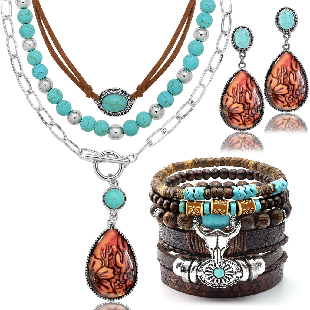 RechicGu Western Jewelry For Women Bohemian Turquoise Dangle Earrings Necklace Bracelet Set, Bullhead Pendant Layered Choker Boho Faux Leather Wristband Country Concert Cowgirl Accessories Cactus E