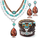 RechicGu Western Jewelry For Women Bohemian Turquoise Dangle Earrings Necklace Bracelet Set, Bullhead Pendant Layered Choker Boho Faux Leather Wristband Country Concert Cowgirl Accessories Cactus E
