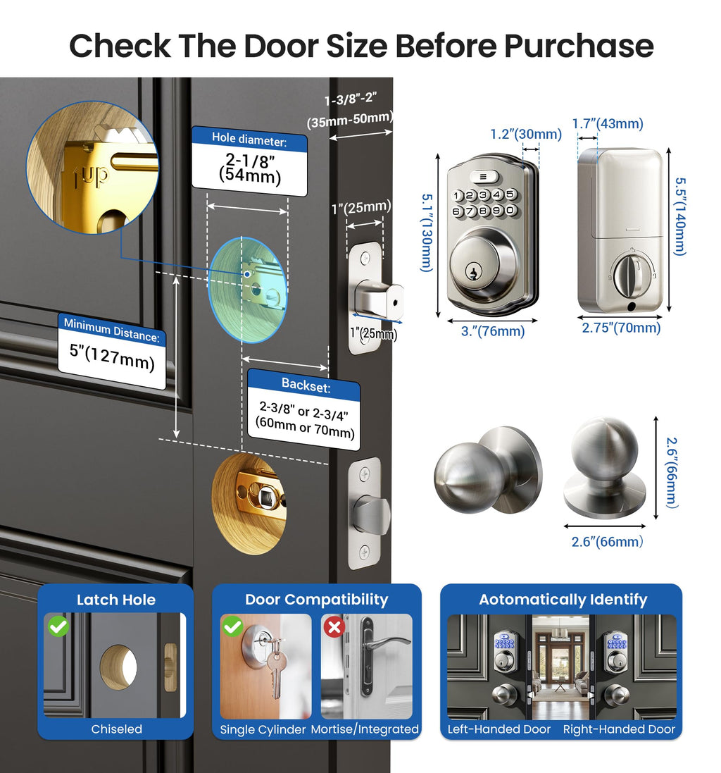 Veise Keyless Entry Door Lock with 2 Knobs, Electronic Backlit Keypad Deadbolt with Handle Set, Auto Lock, One-time Codes, Smart Deadbolt for Front Door, Easy Installation, Satin Nickel