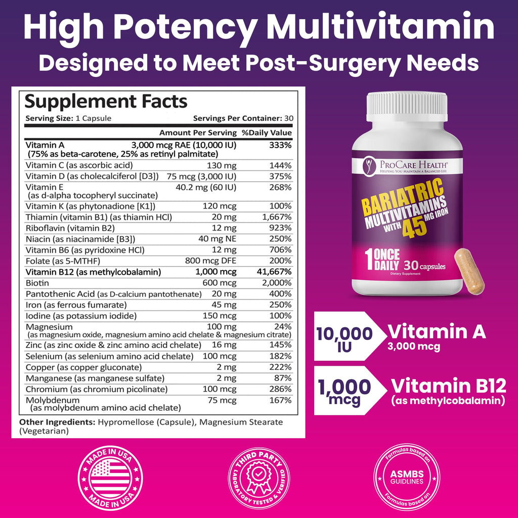 ProCare Health Bariatric Multivitamin with 45mg Iron (30 Easy to Swallow Capsules) - Once Daily Post-Op Support for Gastric Bypass & Sleeve with 1 Month Supply, No Artificial Colors, Gluten-Free