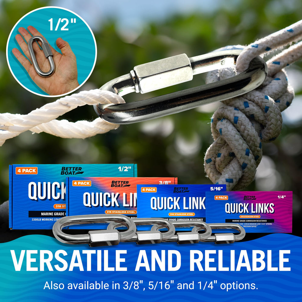 316 Stainless Steel Locking Chain Link, Threaded Quick Link Chain Connector Clips, Heavy Duty D Shape Quicklinks, 1/2", 3/8", 5/16", 1/4" Small Sizes, Marine Grade, 4 Pack Safety Links 1/2"