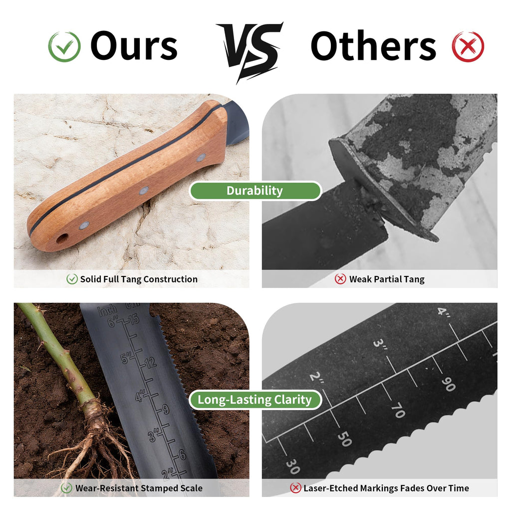 YANG Hori Hori Garden Knife, 7" Stainless Steel Gardening Knife with Oxford Cloth Sheath, Full Tang Beechwood Handle Garden Tool for Dividing Plants & Weeding, Forked Tip for Transplanting
