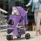 Magshion 3-Wheel Pet Stroller, Foldable Travel Jogger for Small & Medium Dogs & Cats (Up to 33lbs), Lightweight Carrier with Breathable Mesh Cover, Cup Holder & Storage Basket, Purple Polka Dots