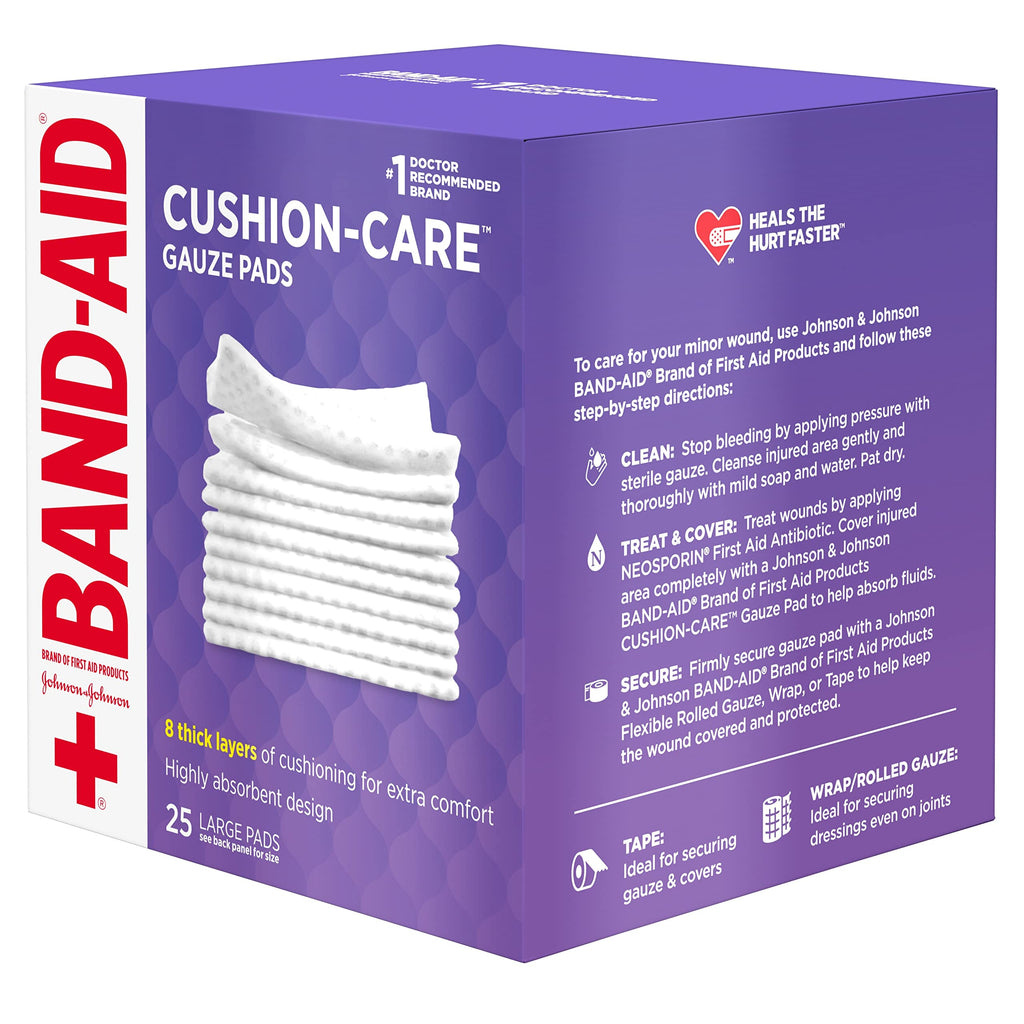 BAND-AID Brand Cushion-Care Gauze Pads, Large Size, 4 in x 4 in, 25 Count