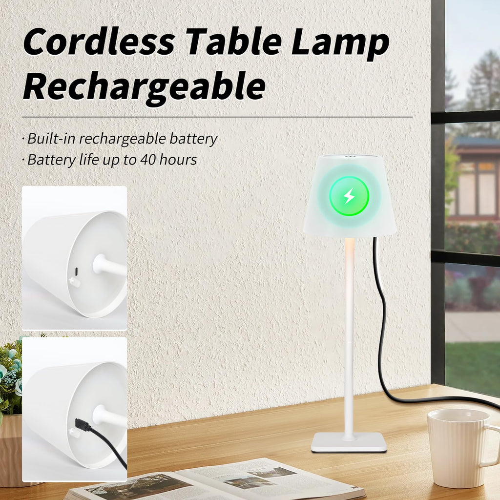 Mr. White Outdoor Waterproof Cordless Set of 2 Rechargeable Portable Top Touch Battery Operated Powered LED Table Lamp Desk Lamp Lights for Restaurant Kitchen Patio Dinner Dining (White 2 Pack)