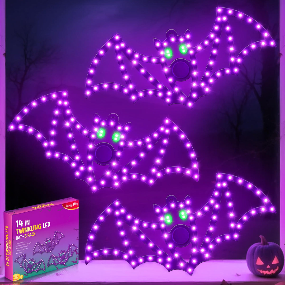 HappyAlley 3-Pack 14" Halloween Classics Twinkling LED Bat Window Lights
