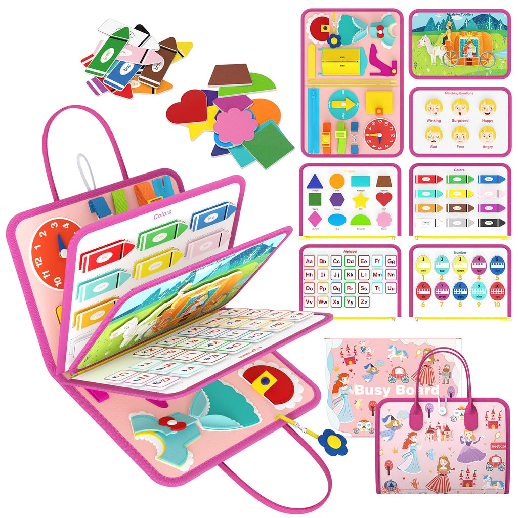 Freebear Deluxe Pink Princess Quiet Book Sensory Board for Toddlers 1-4, Montessori Educational Toys for Girls, Travel Toys with Activities