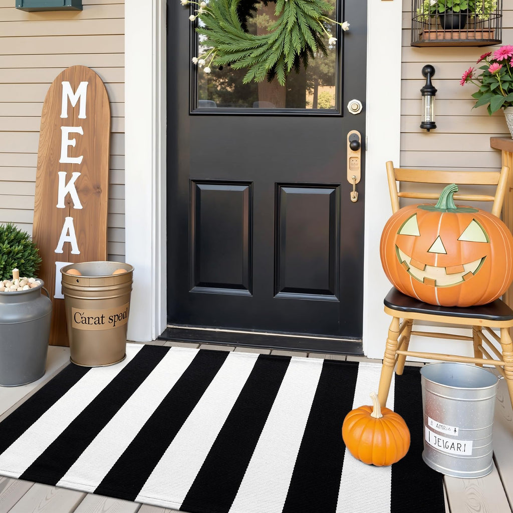 OLANLY Fall Door Mat, Black and White Striped Halloween Rug, 2'4" x 3'7"