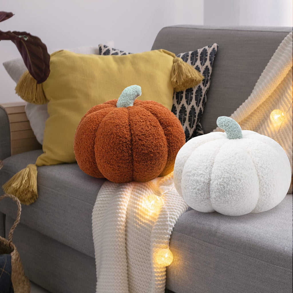 Kajaia 2 Pcs 3D Pumpkin Pillow Fall Decor Halloween Cushions, White, Brown