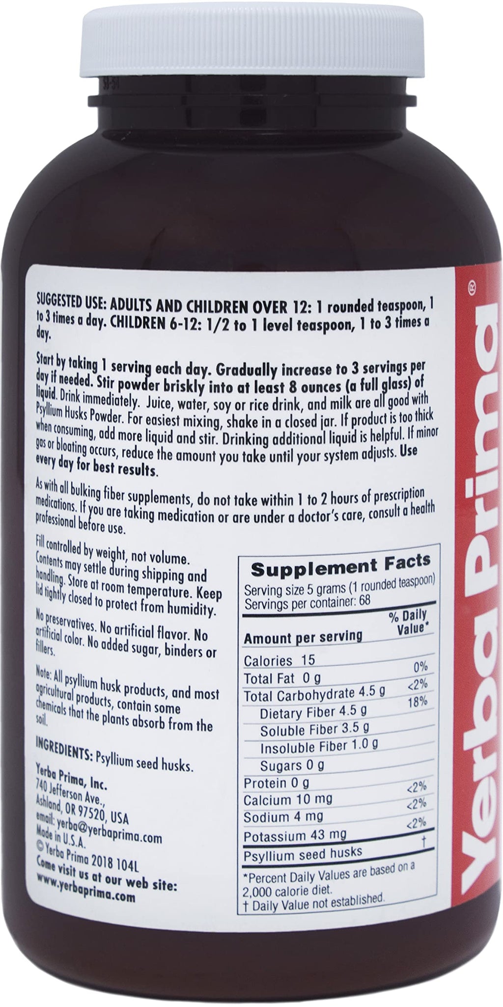 Yerba Prima Psyllium Husks Powder 12 oz - Natural Fiber Supplement - Colon Cleanser - Gut Health - Vegan, Non-GMO, Gluten-Free (New Label - Packaging May Vary)