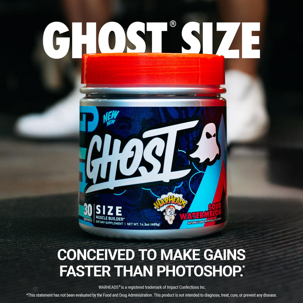 GHOST Size Muscle Builder Dietary Supplement - Warheads Sour Watermelon, 30 Servings – Support Muscle Growth & Strength Building for Men & Women - Creatine & Betaine - Free of Sugar & Gluten