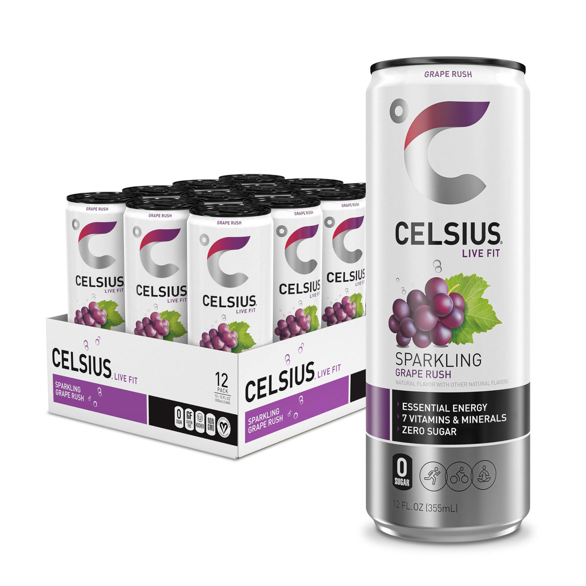 CELSIUS Sparkling Grape Rush, Sugar Free Energy Drink, 12 Fl Oz (Pack of 12)