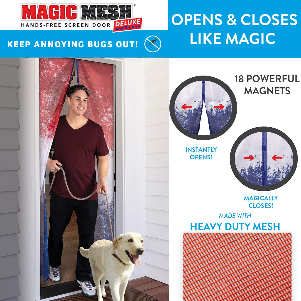 Magic Mesh Deluxe- Americana 2 Pack- Hands Free Magnetic Screen Door, Mesh Curtain Keeps Bugs Out, Frame Hook & Loop, Hands Free, Pet & Kid Friendly- Fits Doors up to 39 x 83 Inches, Red/White/Blue
