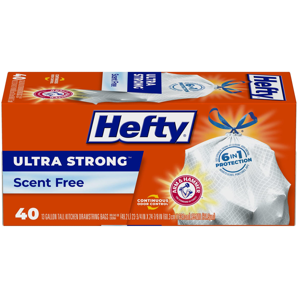 Hefty Ultra Strong 13-Gallon Trash Bags, Tall Kitchen, Drawstring Closure, Odor Control, White, Unscented, 40-Pack