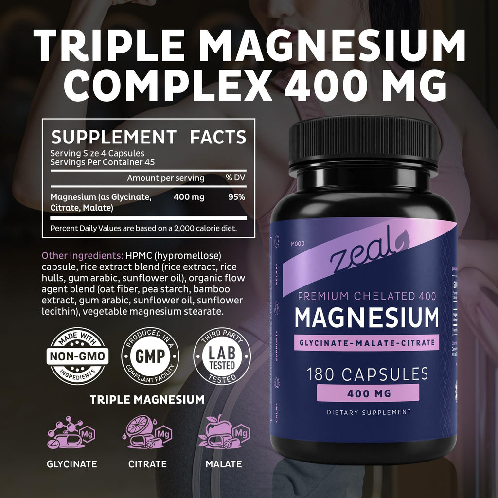 Zeal Naturals Triple Magnesium Complex Supplement - Glycinate, Malate, Citrate | 400mg, 180 Capsules | High Absorption Chelated Magnesium for Sleep, Mood, Muscle Recovery, Relaxation