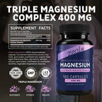 Zeal Naturals Triple Magnesium Complex Supplement - Glycinate, Malate, Citrate | 400mg, 180 Capsules | High Absorption Chelated Magnesium for Sleep, Mood, Muscle Recovery, Relaxation