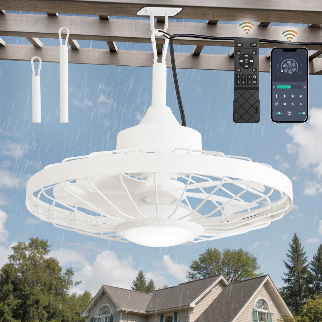 LEDIARY 20" Outdoor Ceiling Fan with Lights,IP65 Waterproof Gazebo Hanging Fan with Remote Control Smart App, Plug in Caged Ceiling Fan with 3CCT 6-Speeds for Patio Porch Pergola(White)