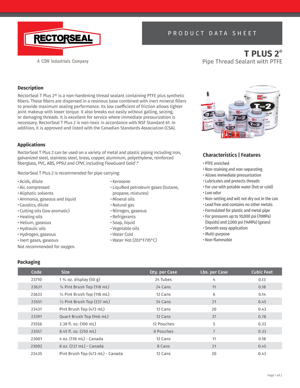 RectorSeal T Plus 2 23391 Pipe Thread Sealant, Non-Hardening, Synthetic Fibers, Contains No Other Metals, PTFE Enriched, Plumbing, 1 Quart