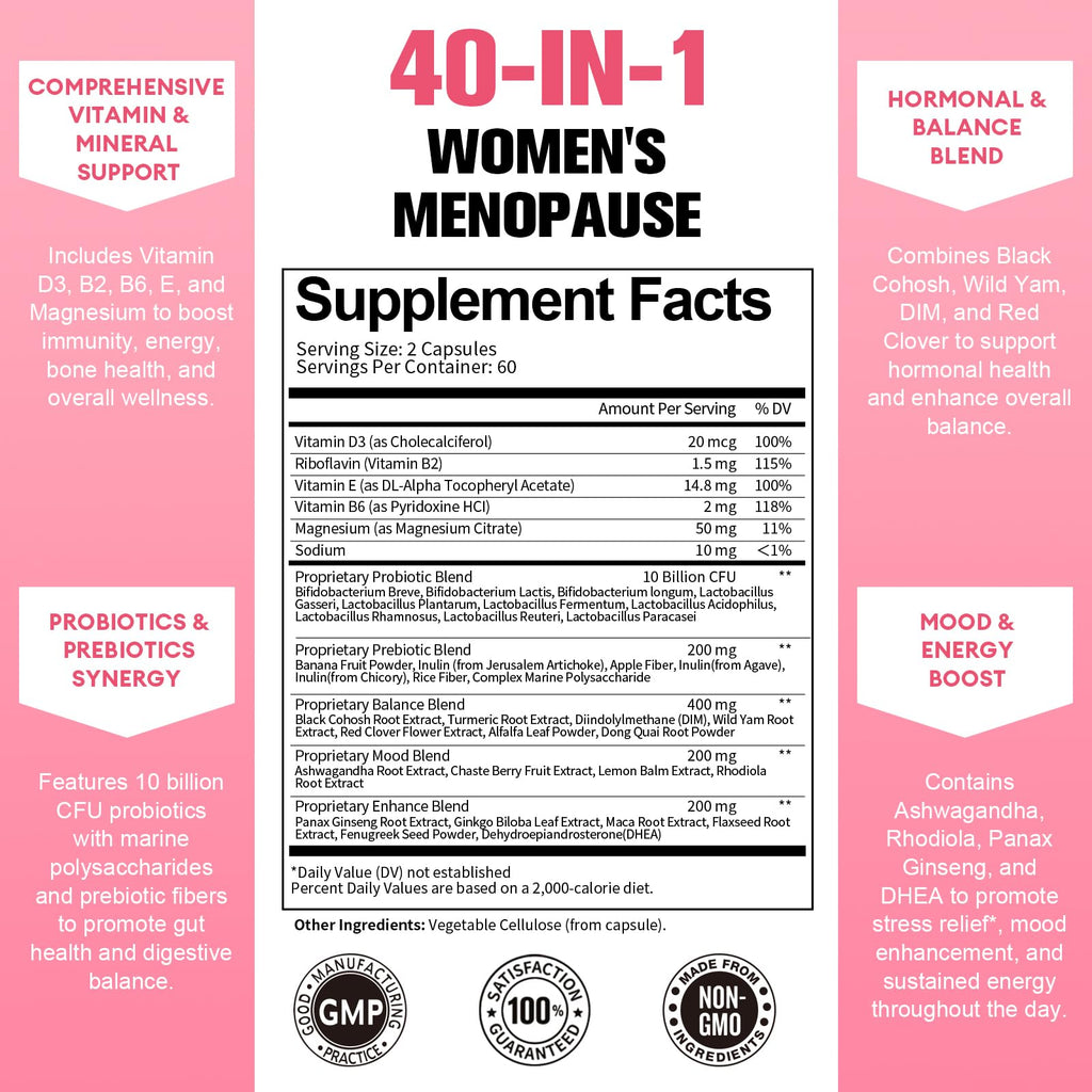 40-in-1 Menopause Supplements for Women, Multibenefit & Complete Black Cohosh for Hot Flashes, Night Sweats & Hormone Balance, w/ Probiotics, DIM, Vitex, Dong Quai, Red Clover and More, 120 Vegan Caps