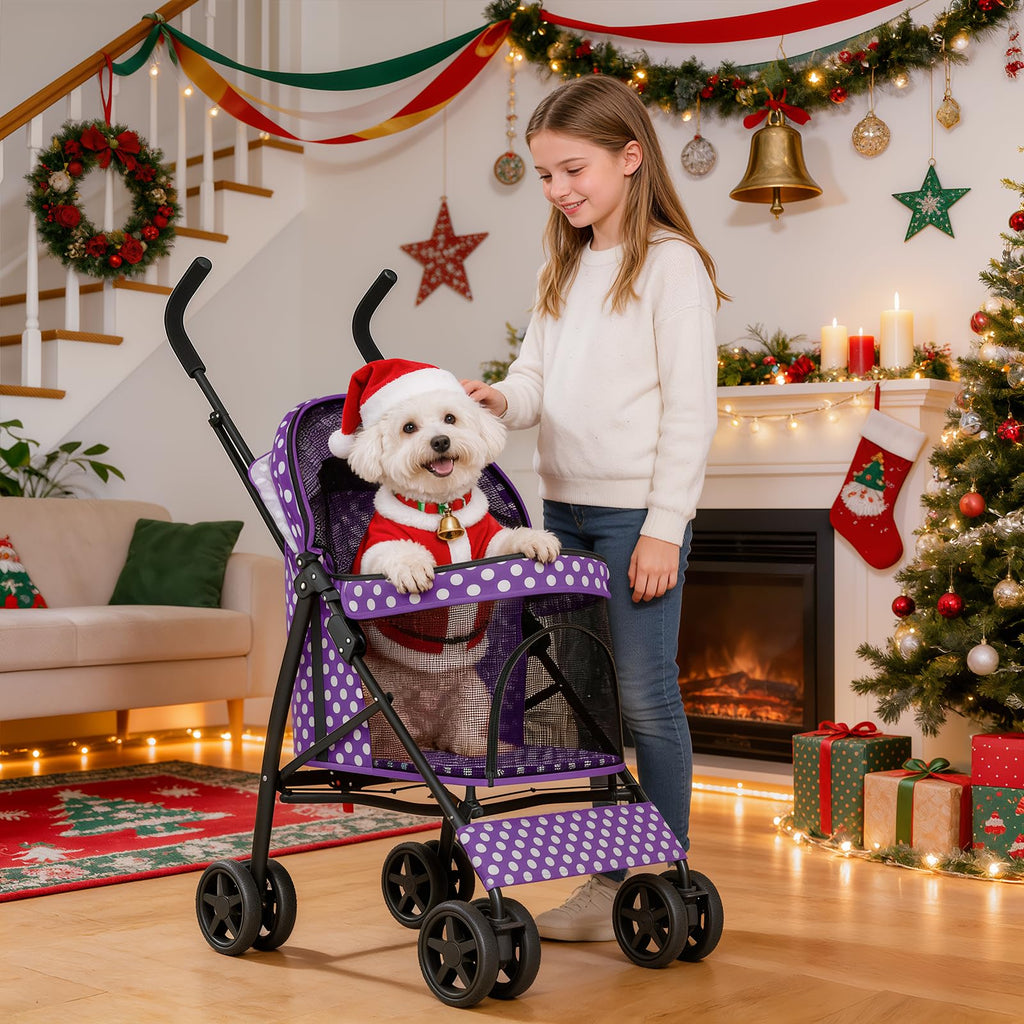MoNiBloom 4 Wheels Pet Stroller, Easy-Fold Umbrella Shaped Dog Cat Jogger Stroller w/Storage Bag & Visible Mesh for Small/Medium Dogs Cats Purple Polka Dots