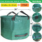 Standard 2-Pack 46 Gallon Lawn Garden Bags (D26,H19 in) Yard Waste Bags W/Gardening Gloves for Leaf Bag,Yard Debris,Trash Container,Recycling Bin,Camping Waste Bin,Grass Clippings,Weeds Bag 4 Handles