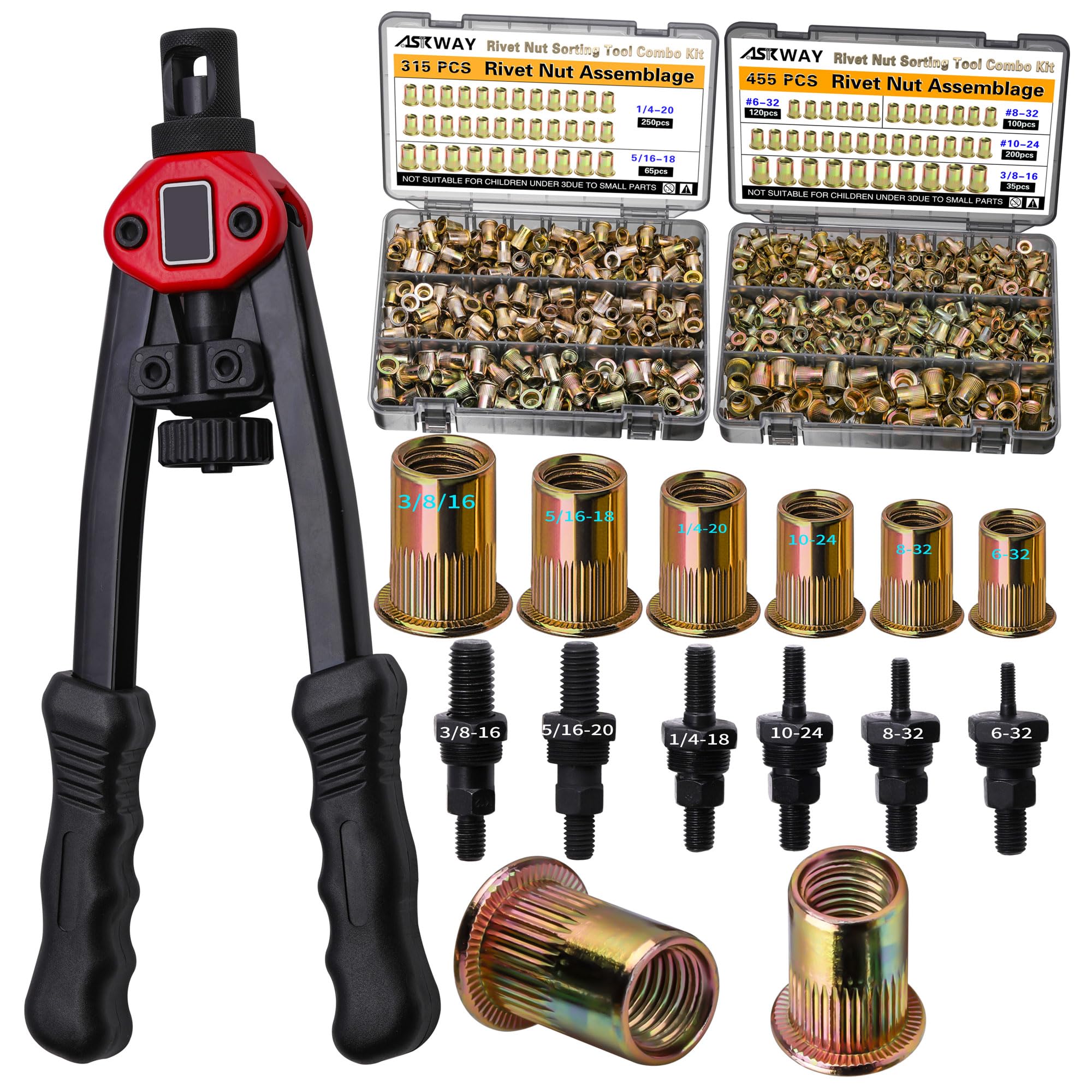 ASE Pressure Rivet Nut Tool Kit, 770PCS (3/8-16,5/16-18,1/4,10-24,8-32,6-32) Imperial Rivet Nut, Suitable for Furniture, Decoration, Automotive, Marine and Industrial Applications