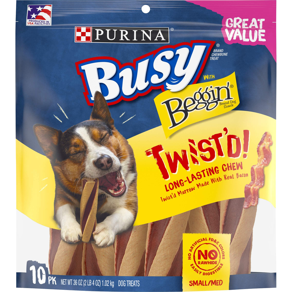 Purina Busy with Beggin Twisted Dog Treats, with Real Bacon, 10 ct Pouch