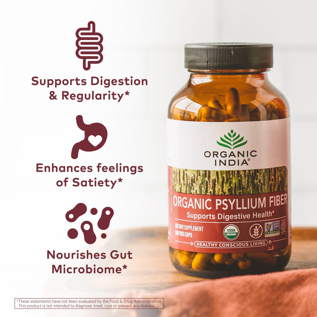 ORGANIC INDIA Psyllium Husk Capsules - Fiber Supplement, Healthy Elimination - Vegan, Keto Friendly, Gluten-Free, USDA Certified Organic, Non-GMO, Soluble & Insoluble Fiber Source - 180 Count