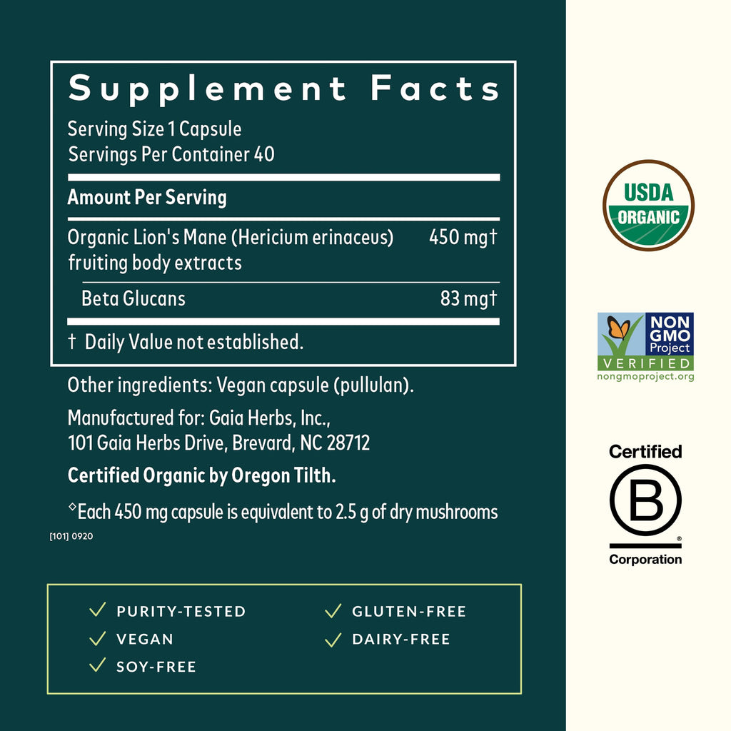 Gaia Herbs Lion's Mane Mushroom - Brain & Nerve Health Support* - 40 Vegan Capsules (40 Servings)