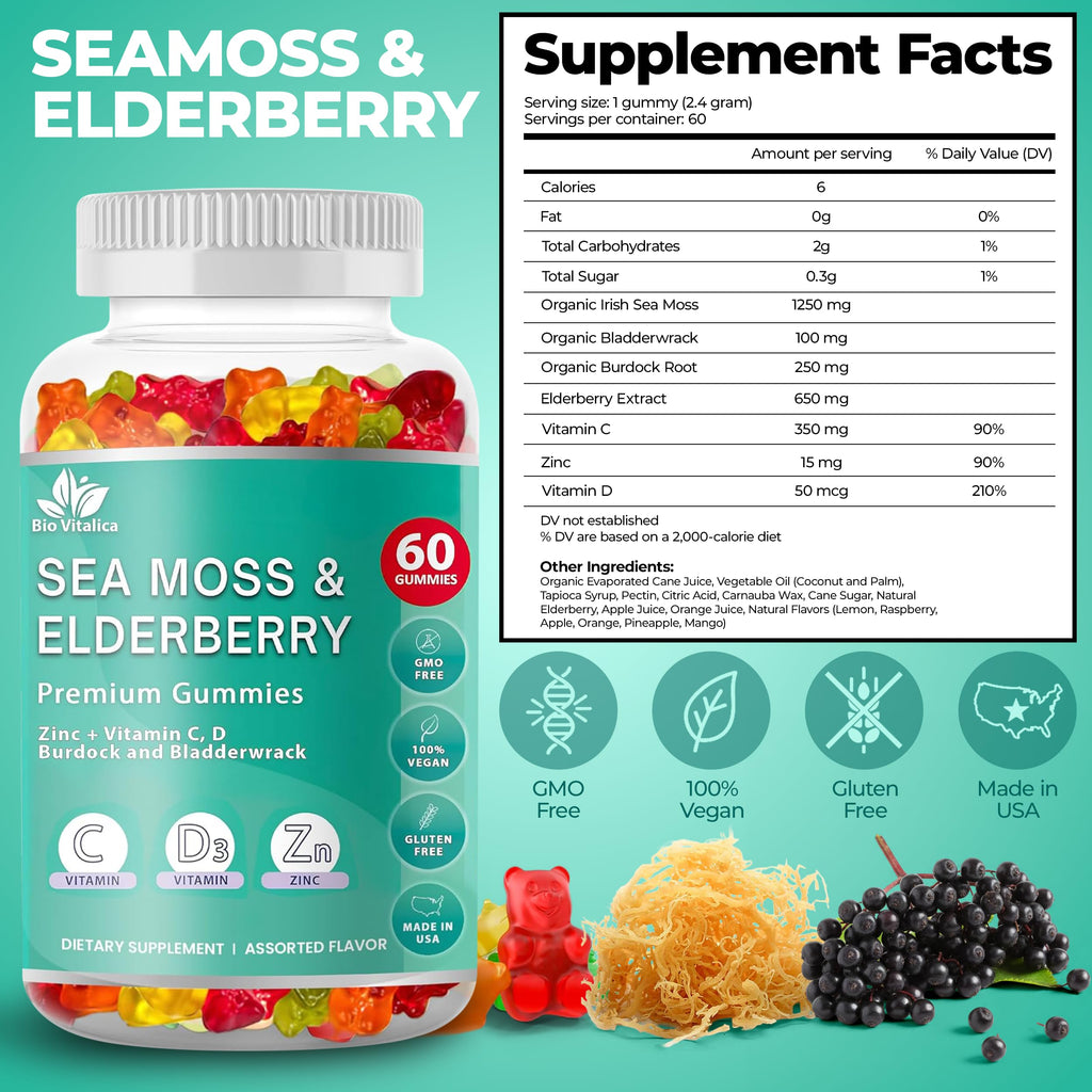 BIO VITALICA Sea Moss Gummies Elderberry BioVitalica - Vitamin C D + Zinc - Irish Seamoss Vegan Gummy with Sea Moss Gel & Powder for Immunity, Detox - for Adults and Kids (3Packs)