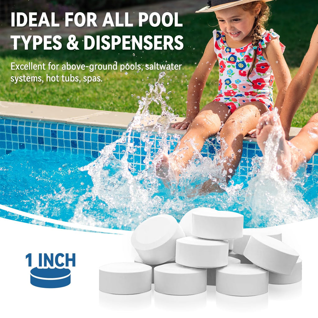 1 Inch Chlorine Tablets for Pools & Spas, 5 LB – Slow Dissolving Stabilized Trichlor Tabs with 90% Available Chlorine for Hot Tubs, Above-Ground & In-Ground Pools