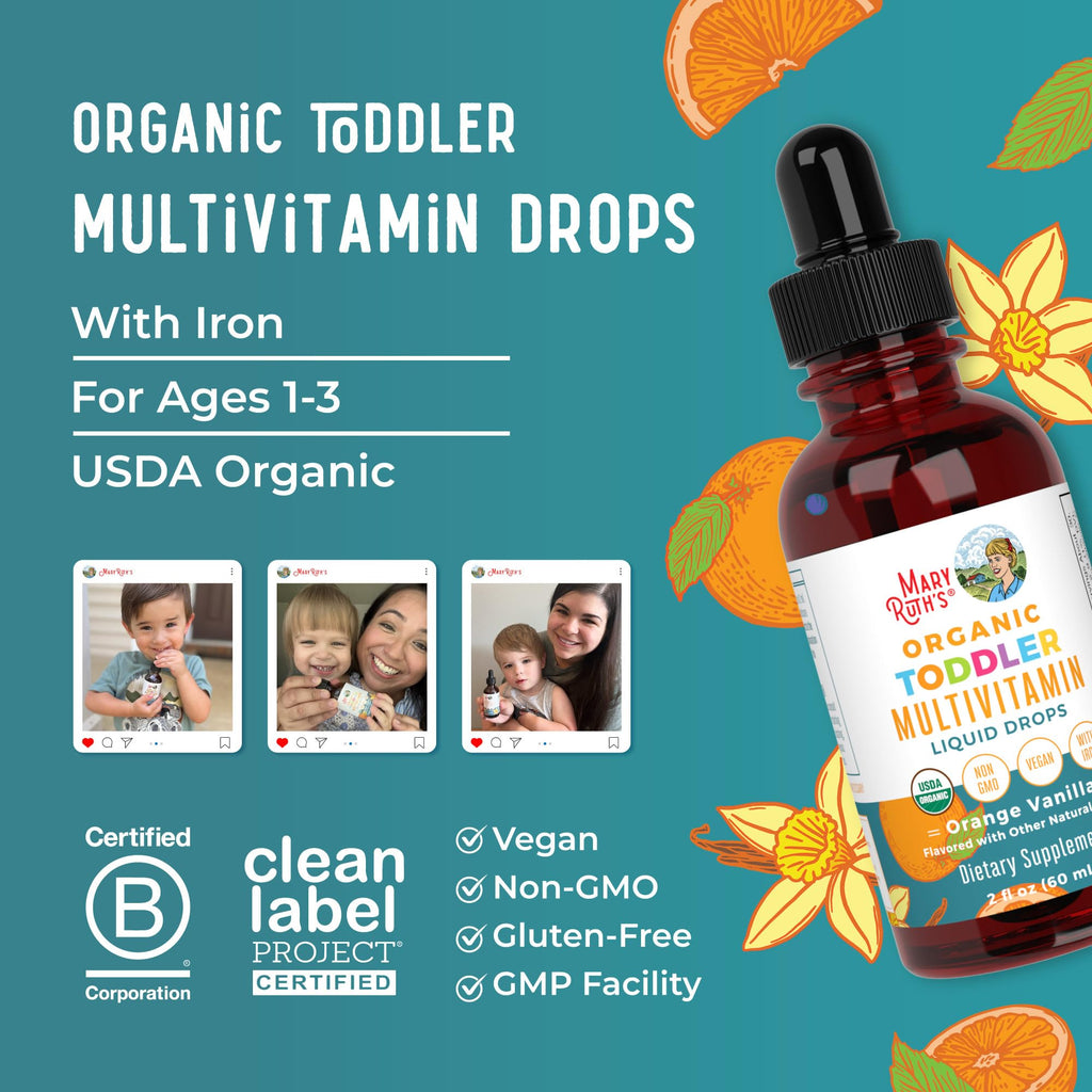 MaryRuth Organics Multivitamin & Multimineral with Iron for Toddlers | USDA Organic | Sugar Free | Multivitamin Liquid Drops for Kids Ages 1-3 | Immune Support | Vegan | Non-GMO | 2 Fl Oz