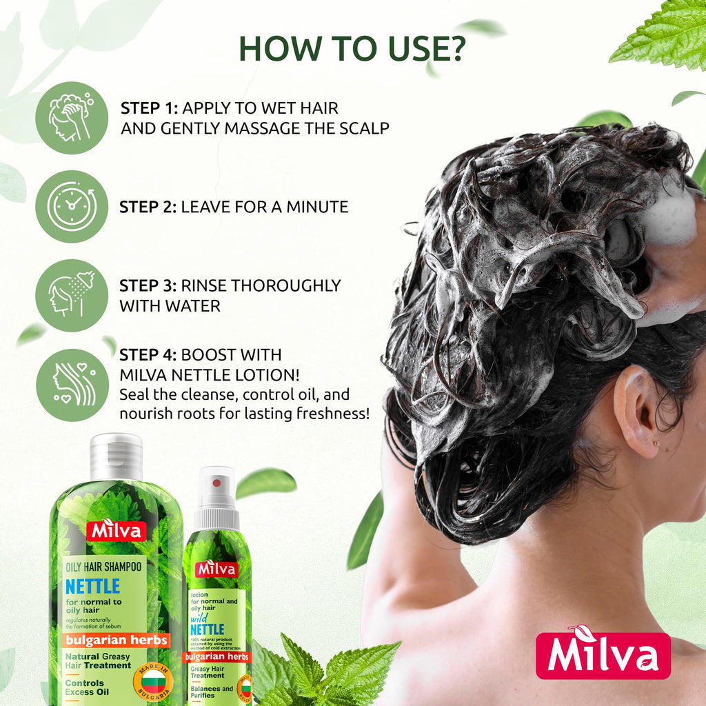 Milva Nettle Shampoo for Oily Hair - 6.7 Fl Oz Natural Oily Hair Shampoo for Greasy Roots & Scalp - Clarifying Degrease Treatment - Control Sebum, Add Volume & Shine - Made in Bulgaria - 200ml