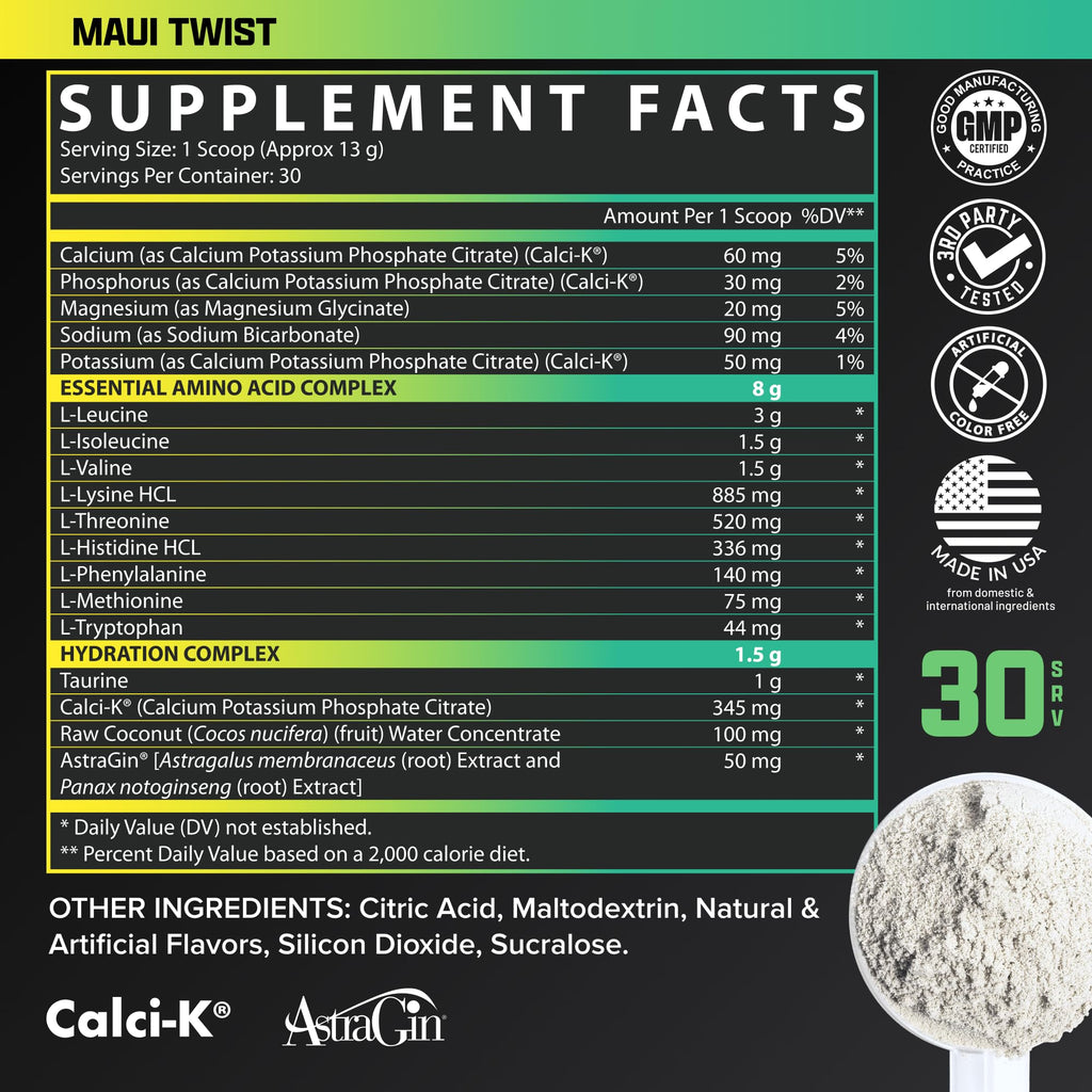 Nutrex Research EAA Hydration | EAAs + BCAAs Powder | Muscle Recovery, Strength, Muscle Building, Endurance | 8G Essential Amino Acids + Electrolytes | Maui Twist Flavor 30 Serving