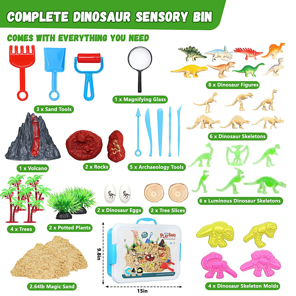 Pakimio Dinosaur Sensory Sand Kit, Lidded Dino Sensory Bin Sandbox for Kids
