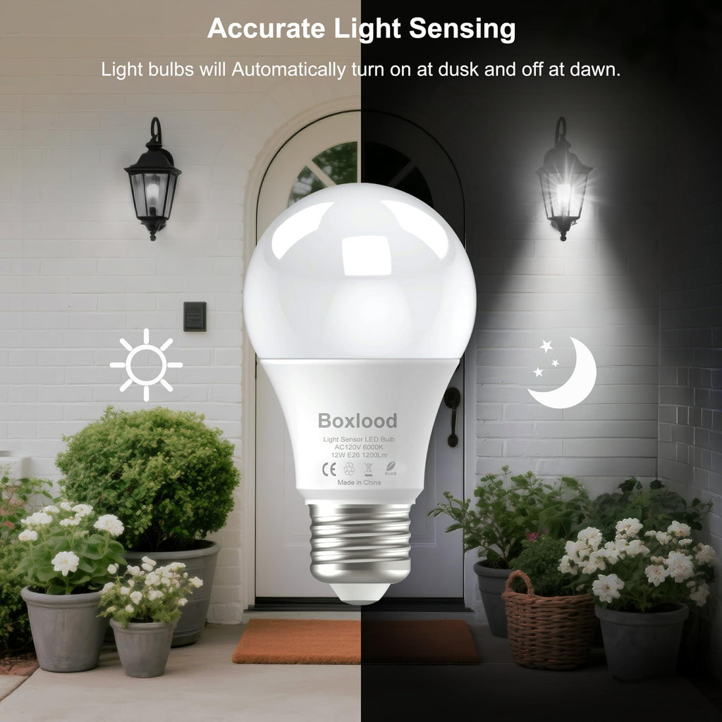 Boxlood Dusk to Dawn LED Outdoor Light Bulb, 12W Supper Bright A19 Dusk to Dawn Light Bulbs, Auto on/Off Photocell Automatic for Indoor Outdoor, 6000K, 6 Pack
