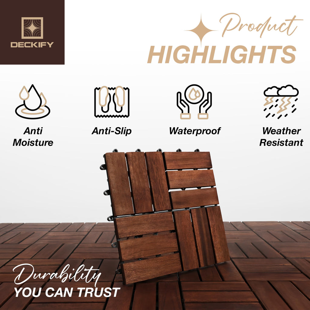 DECKIFY 9Pcs Acacia Wood Interlocking Patio Deck Tiles, 12 x 12 x 0.9 Inch Outdoor Flooring, Waterproof for All-Weather Use – Crossed, Dark Brown