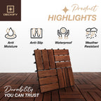 DECKIFY 9Pcs Acacia Wood Interlocking Patio Deck Tiles, 12 x 12 x 0.9 Inch Outdoor Flooring, Waterproof for All-Weather Use – Crossed, Dark Brown