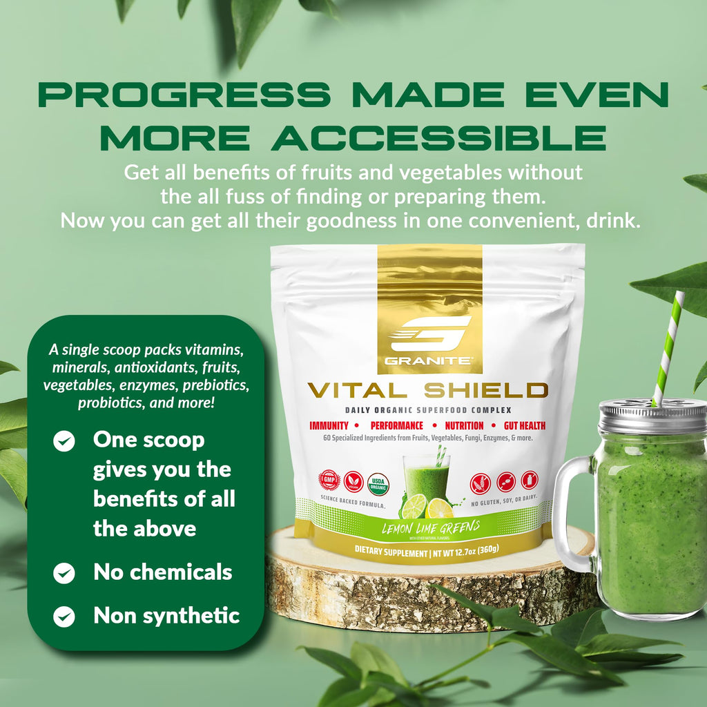 Granite Nutrition Vital Shield - USDA Organic Superfood Greens with Mushrooms & Tart Cherry – Supports Energy, Immune Function & Digestive Health – Lemon Lime Flavor (30 Servings)