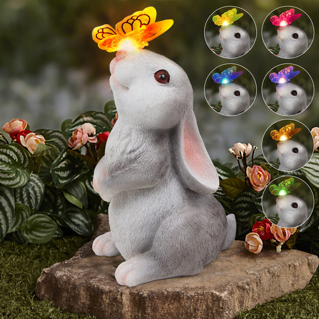 Garden Statue Outdoor Decor Rabbit with Solar Butterfly Changing Lights
